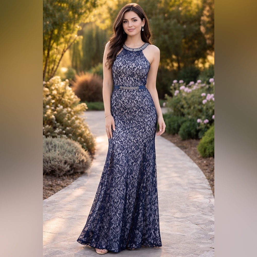 Sequin Hearts Navy Lace Halter Prom Gown